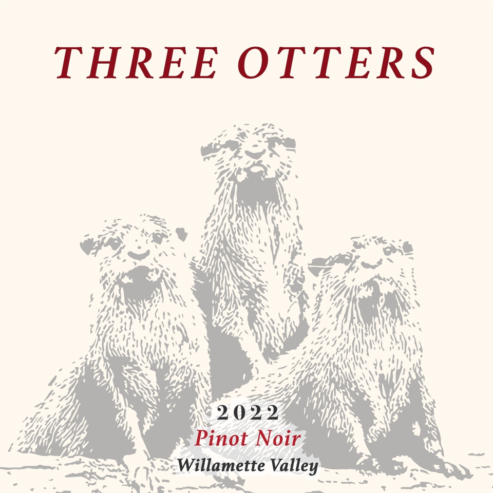 Three Otters wine label with a graphic of three otters and "2022 Pinot Noir Willamette Valley".