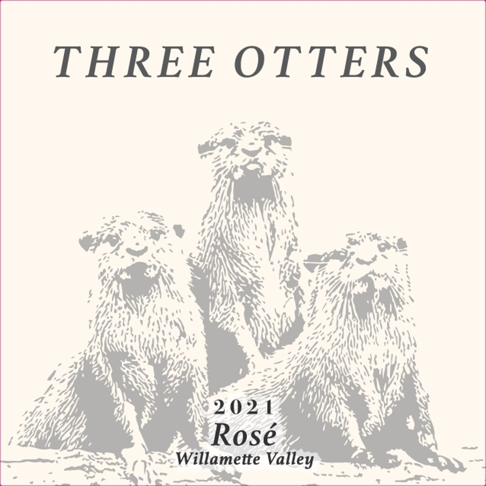 A wine label for "Three Otters 2021 Rosé Willamette Valley" featuring three otters.