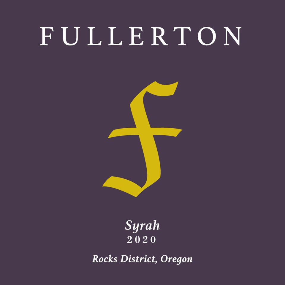 Fullerton Syrah 2020 wine label with a large gold 'f' on a purple background.